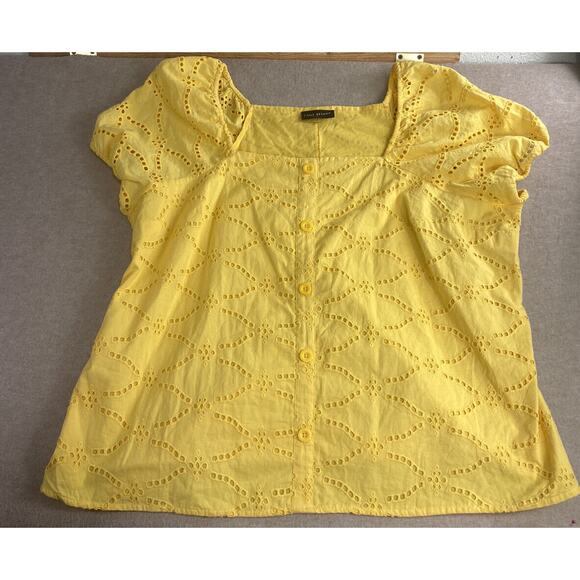 Lane Bryant Blouse Sz 24 (3X) Yellow Eyelet Classic Top Short Sleeve Cotton - Picture 7 of 8